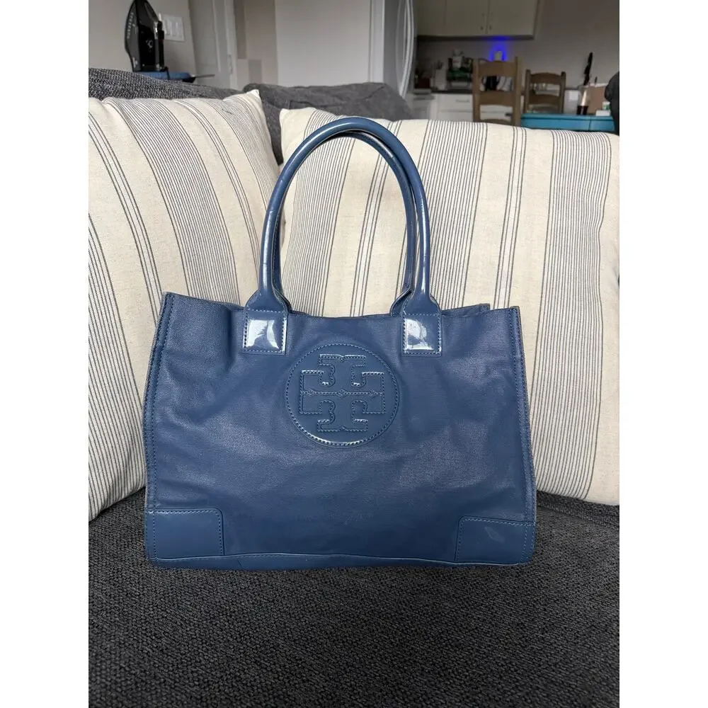 Tory Burch Ella Patent Leather Small Nylon Tote Blue